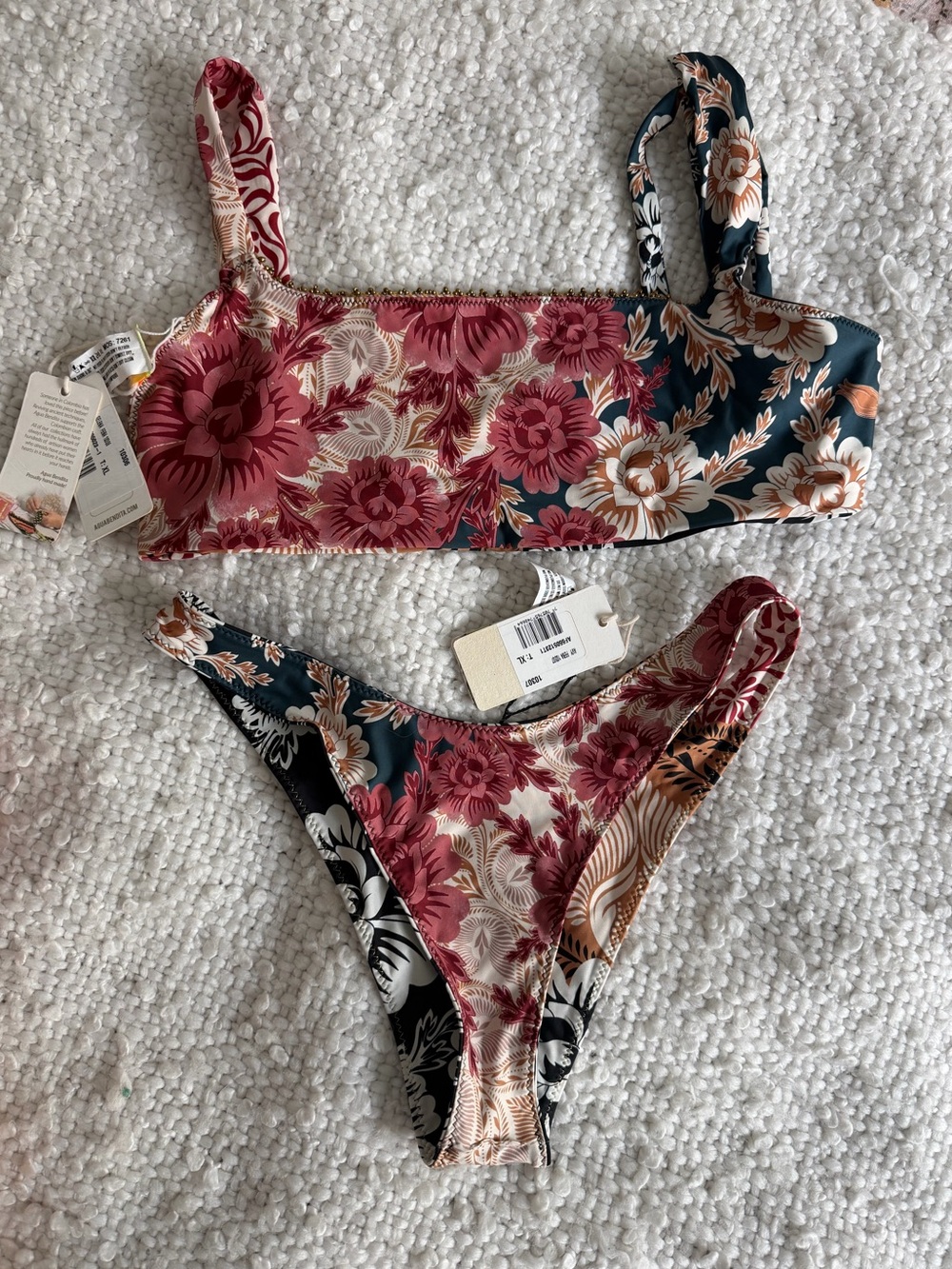 Agua Bendita Reversible Floral Bikini Set in Burgundy, Teal, Cream